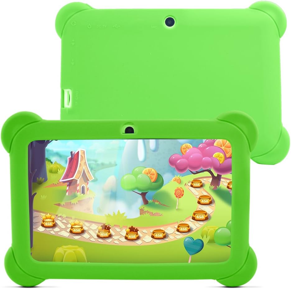 YUNTAB 7 inch Quad Core Tablet PC (512MB RAM, 8GB HDD, HD display 1024*600, Google Android 4.4, WIFI, USB, ) Allwinner A33 CPU with Dual Camera Google Play Pre-loaded, External 3G,3D-Game Kids Tablet with Comfortable touch and Chic Design Silicone Case (Green+Green)