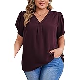 Women's Plus Size Casual Blouses Solid Business Work Tops Petal Short Sleeve V Neck Loose Fit T Shirt Summer Trendy 2026