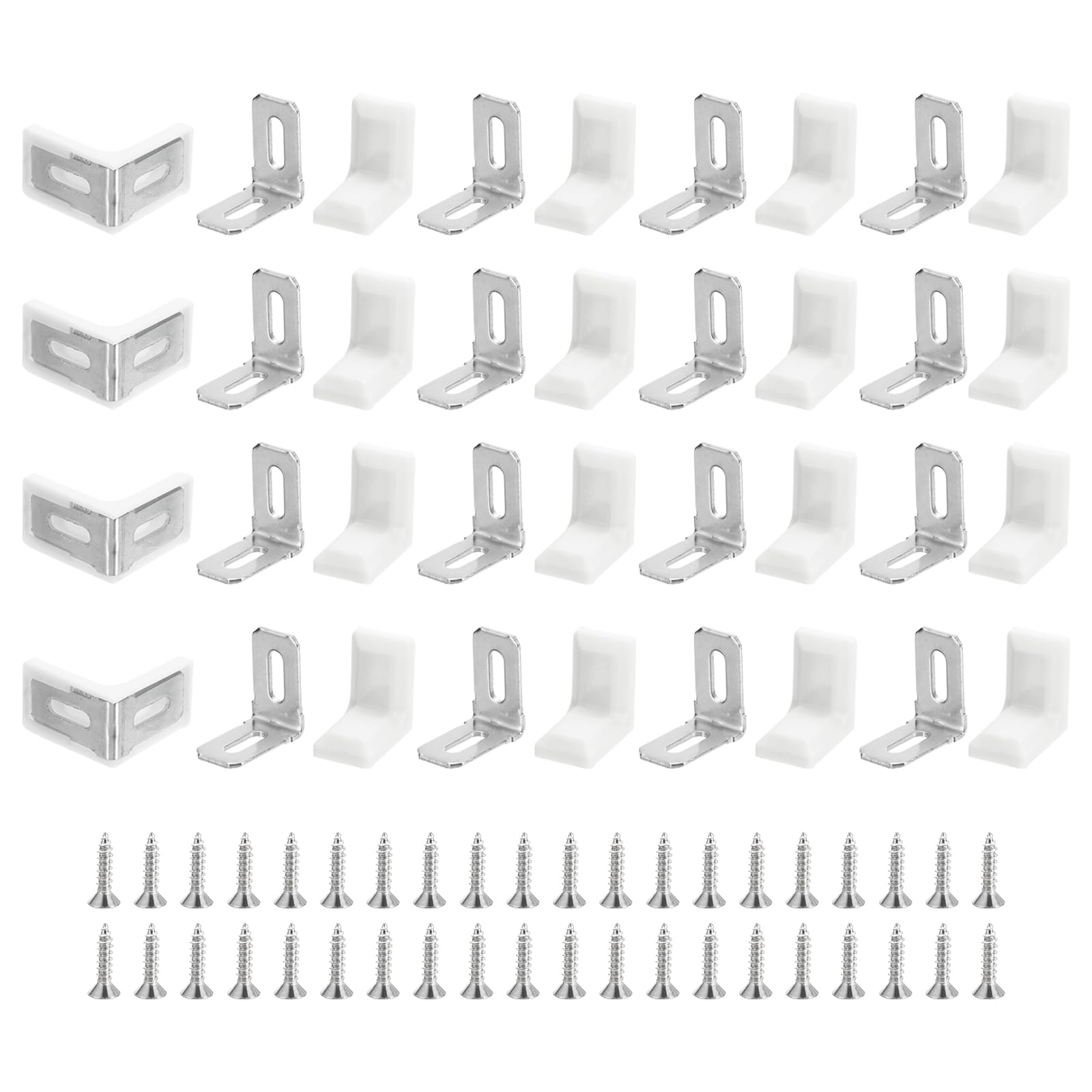 uxcell 40pcs Metal Plastic L Shaped Angle Bracket, 28x28x17mm Shelf Corner Brace Plate with Screws for Cabinets, Cupboards (White)