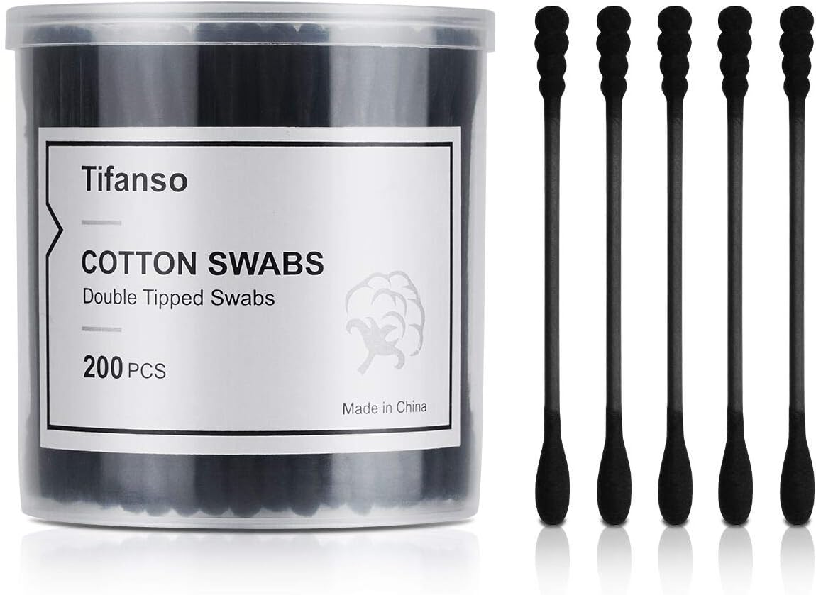 Tifanso 200 Count Black Cotton Swabs, Natural Black Double Tipped Organic Cotton Buds, Cruelty-Free Ear Swabs, Chlorine-Free Hypoallergenic