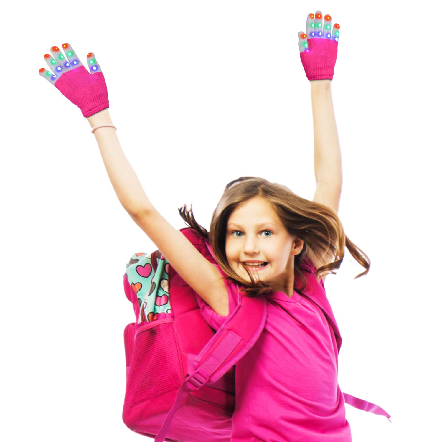 Charlemain Kinder LED Handschuhe (5-10 Jahre), 6 Modus, blinkende Handschuhe Spielzeug für Feiertag, Weihnachten, Halloween Kostüm Beleuchtung, kleine Handschuhe für Mädchen, Junge, Geschenk (Pink)