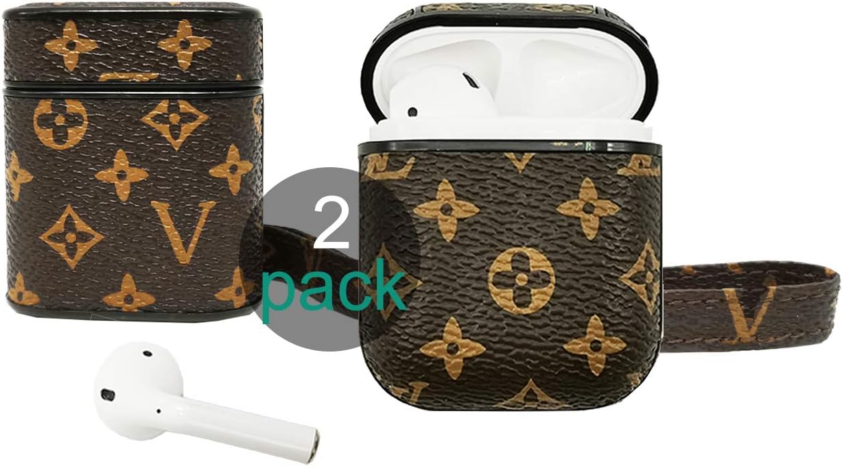 Airpods Case Compatible with Airpods 1/2 Luxury Leather Airpods Case Cover with Metal Keychain Cute Fashion Airpods Case Classic Elegant Designer Wireless Headphone Case Skin Protective for Airpods