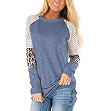 Donbetuy Women's Leopard Print T Shirts Long Sleeve Striped Loose Casual Round Neck Tunic Tops