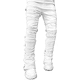 Kodaruber Mens Stacked Jeans Slim Fit Ripped Skinny Stretch Jeans Distressed Straight Denim Pants Hip Hop Trousers Streetwear