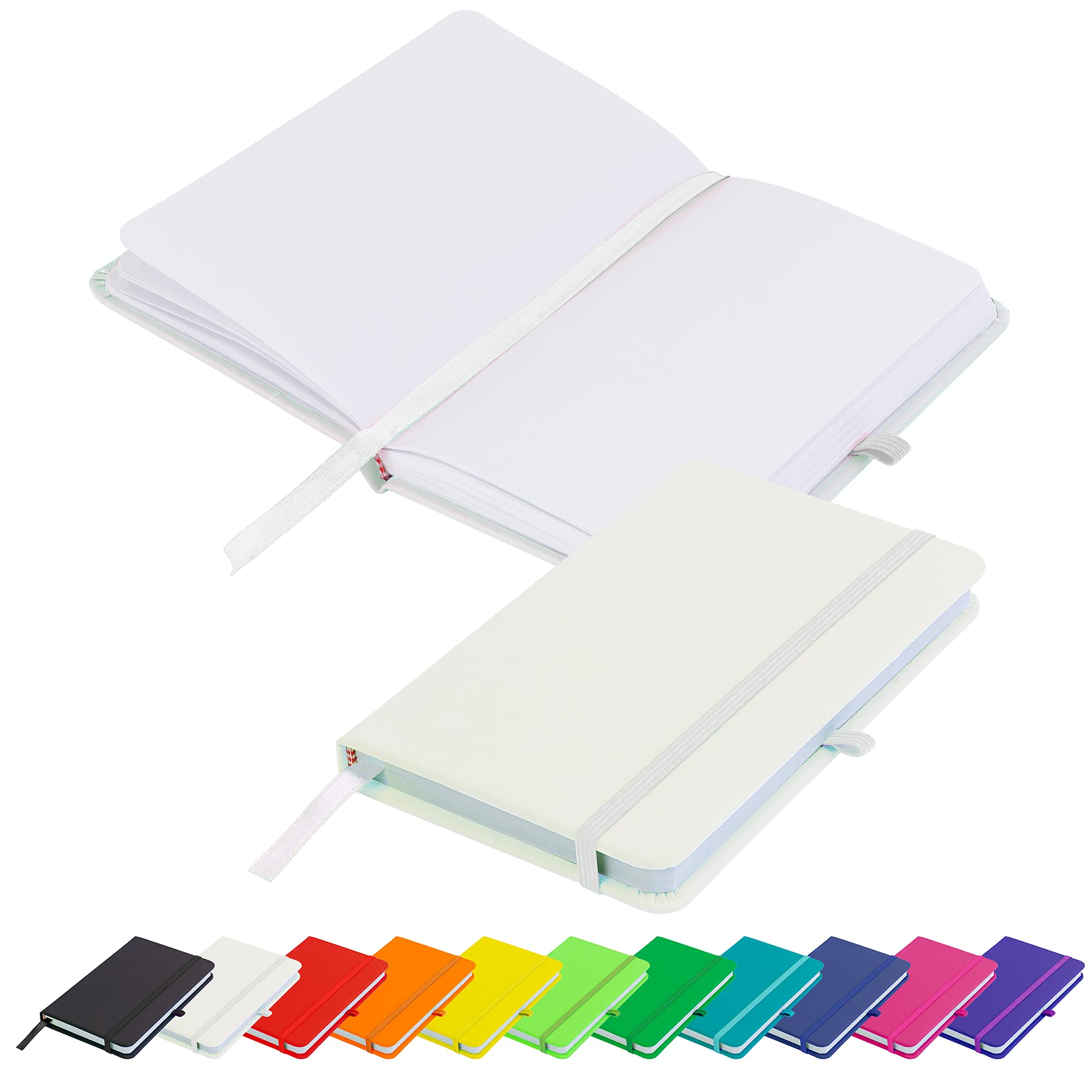 Savvy Bee Blanco Basic A6 Notebook Unlined Plain Page New Hardback Journal with pen loop, elastic closure, ribbon marker and pen loop Notepad Note Book Notes Diary Pad (White)