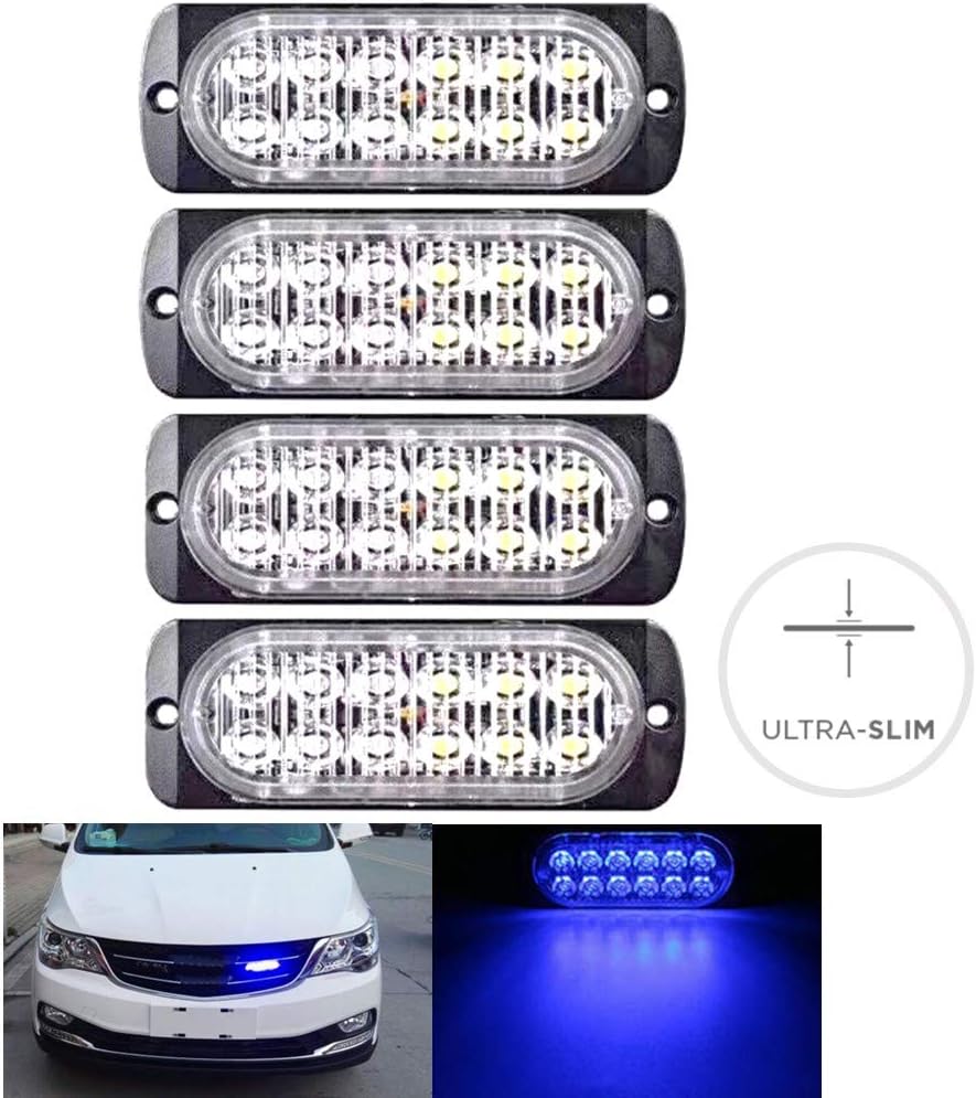 Led Emergency Lights for Car Vehicle Truck Ultra Slim Super Bright Warning Caution Emergency Construction Hazard Surface Mount Beacon Flashing Caution Strobe Lights Bar, 4 pcs (12 LED Chips, Blue)