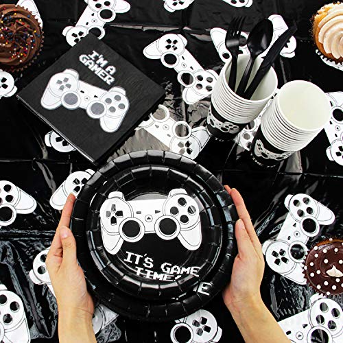 177 Piece Video Gaming Party Supplies Set Including Banner, Plates, Cups, Napkins, Tablecloth, Spoon, Forks, and Knives, Serves 25