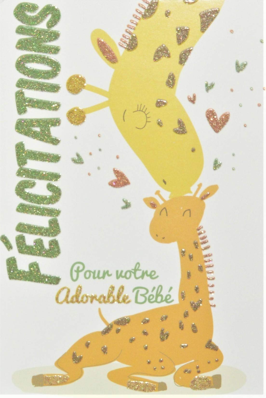 66-1159 Card with Glitter Congratulations to Parents Welcome Baby Boy Daughter Dad Mum Giraffe Animals Cute Hearts Made in France