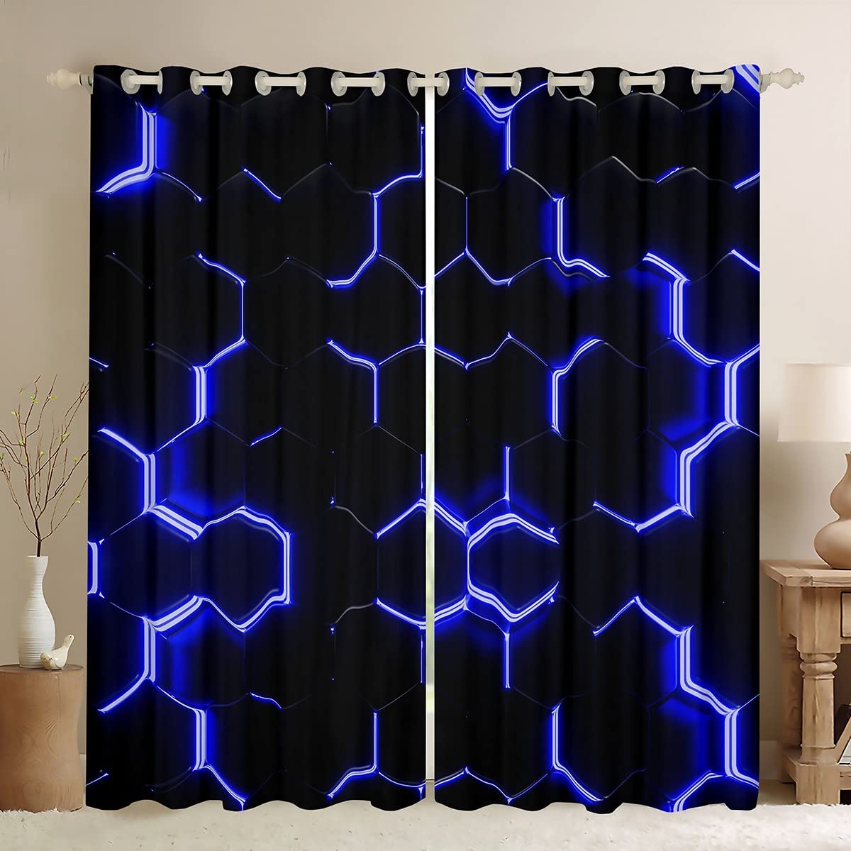Loussiesd Blue and Black Print Window Drapes Hexagonal Blackout CurtainsBedroom Living Room Boys Honeycomb Decor Window Curtains Beehive Simplistic Geometric Window Treatments W46*L54
