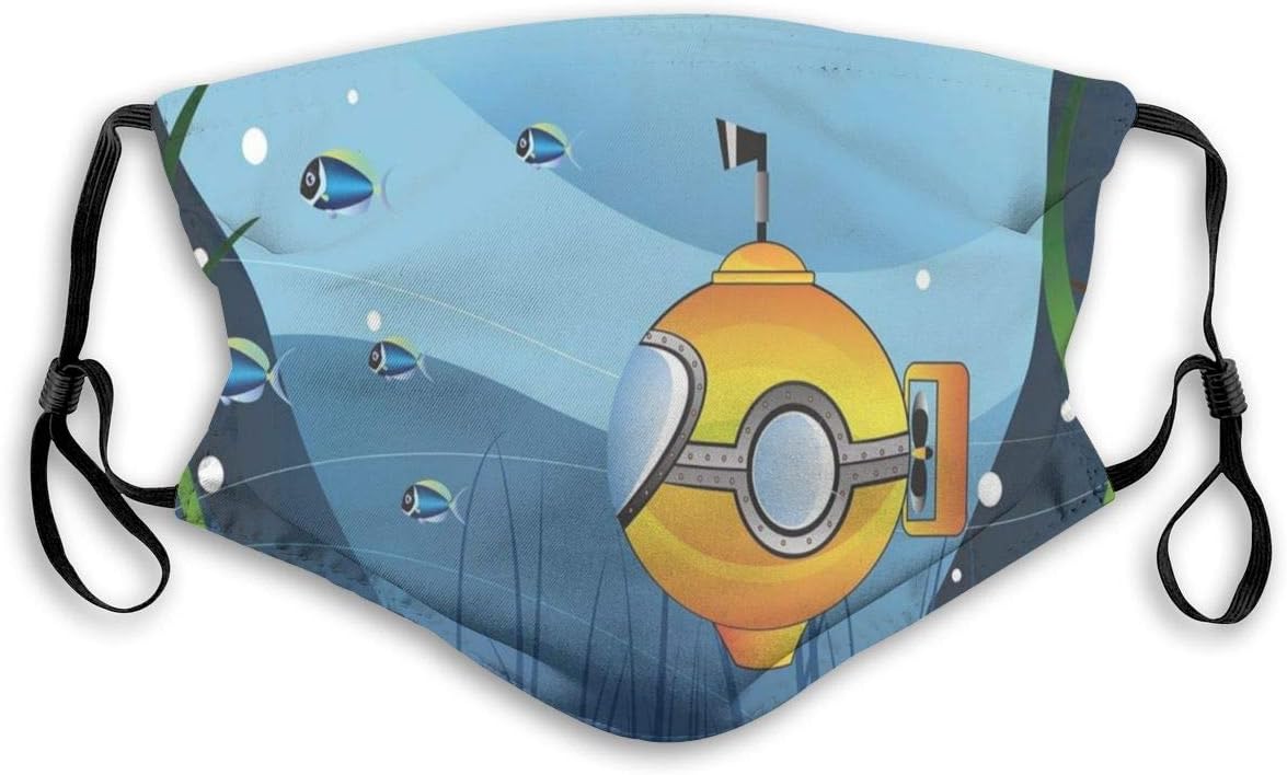 Anti Dust Pollution Adjustable,Illustration Of A Submarine A Crab And Fish Under The Sea Print,Mouth Mask Reusable Safety Warm Face Mask for Outdoor,Adult size:M