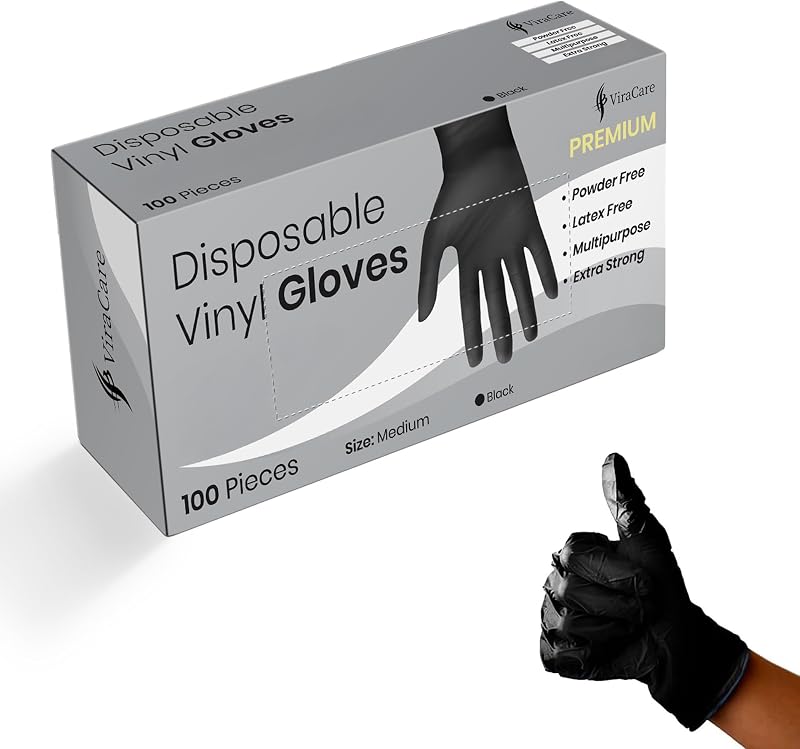 ViraCare 100 Black Premium Double Thickness Vinyl Disposable Gloves Medium