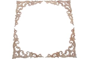 MUXSAM Wood Appliques Decorative Wood Onlays for Furniture, 4Pcs Unpainted DIY Retro Wooden Corner Carving Decals for Door Fireplace Dresser Cabinet Mirror Bed Mantel Decor, 20x20cm/7.87"x7.87"
