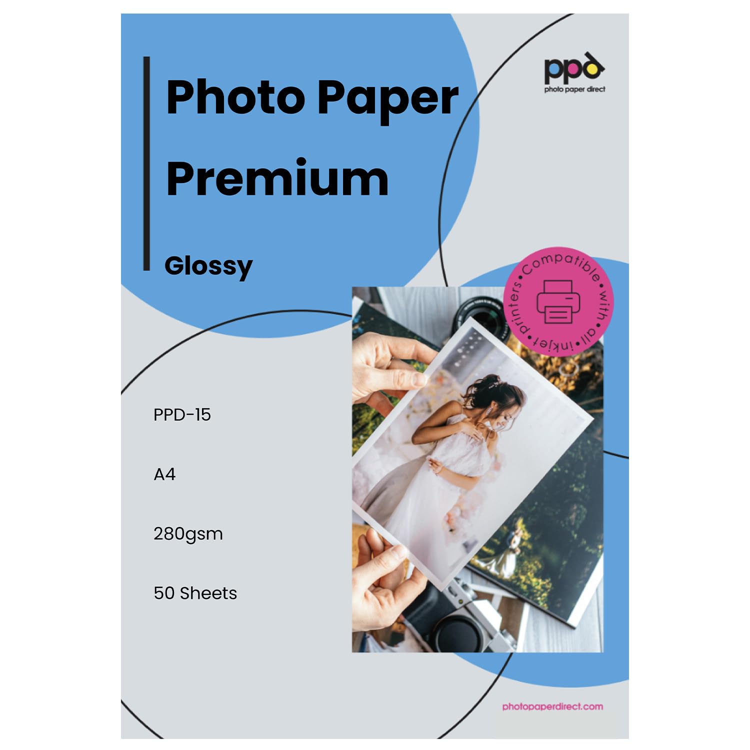 PPD Glossy Photo Paper for Inkjet Printer, A4 8.5 x 11" Premium Quality Printable Sheets for Custom Picture, Professional Photographic Instant Dry For Normal, Dye or Pigment Ink (50 Pack/255 gsm)