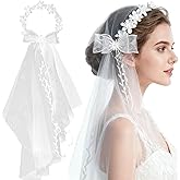 GeoGeoDIY White Veils White Floral Crown Brida Hairbands Photography Hair Wreath Accessory Bow Flower Crown Soft Wreath Wand Wedding Headpiece Adjustable Hair Accessories for Women Girls