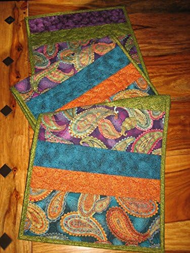 Quilted Table Runner, Paisley Purple Blue Gold Green 13 x 55", 100% cotton fabrics Reversible