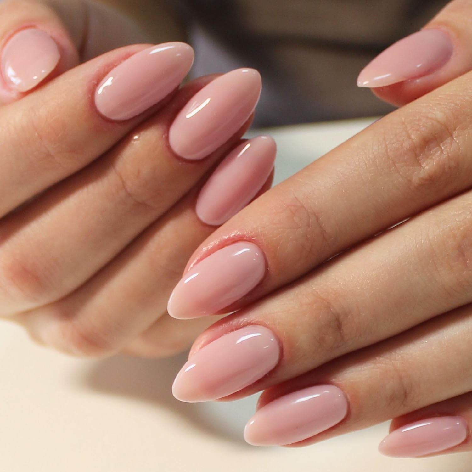 GLAMERMAID Nude Pink Press on Nails Medium Almond, Neutral Jelly Gel Glossy Fake Nails Stiletto, Pure Coral Short Oval Stick Glue on Nails Tip for Women, Reusable Acrylic Daily False Nail Manicure Kit - Image 4