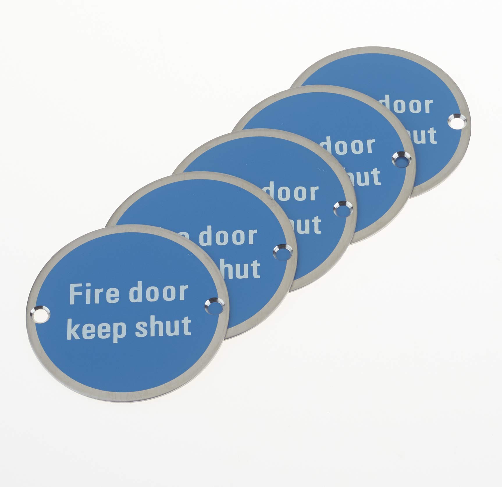 Fire Door Keep Shut - Safety Sign Metal Stainless Round 76x1.5mm Disc with 2 Screws, Pack of 5 (5)