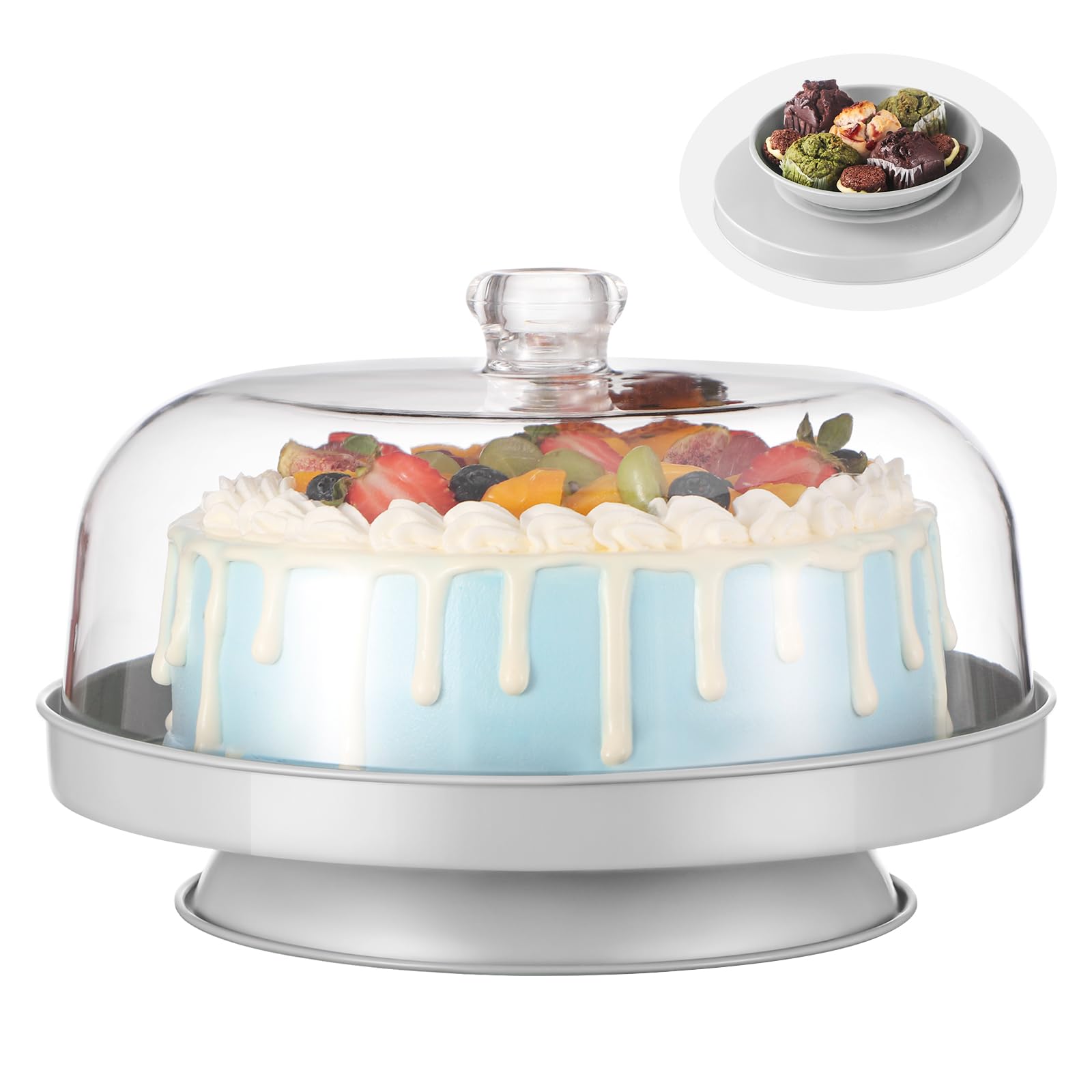 Photo 1 of 2-In-1 Cake Stand&Charcuterie Board with Lid?Metal Cake Holder With Acrylic Dome?11.2” Large Dessert Display Stand for Cakes&Cheese?Pie?Chips & Dips?Footed Cake Serving Platter with Dome Cover