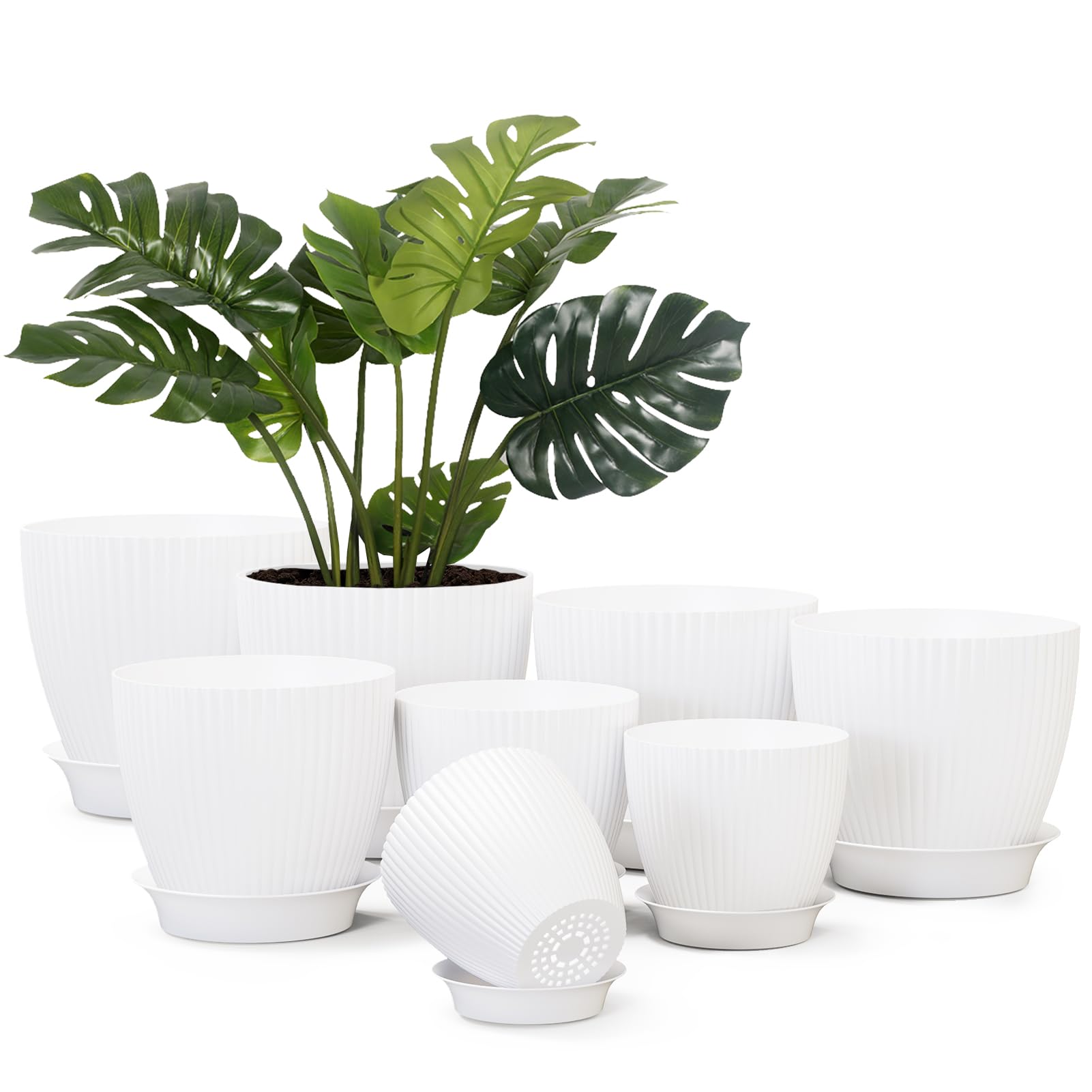 JOJOSEE 8 Pack Plant Pots Indoor, Flower Pot with Drainage Holes and Tray, Plastic Planter for House (White, 8 Pack)