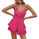 Fixmatti Women Spaghetti Strap Romper V Neck Backless Ruffle Chiffon Shorts Jumpsuit Playsuit