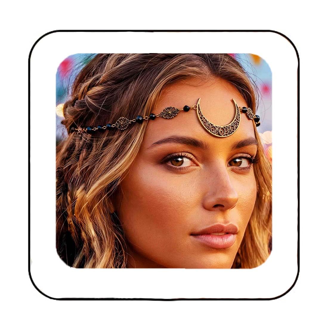 Fashband Moon Head Chain Black Beads Headpiece Vintage Festival Hair Chain Jewelry for Women