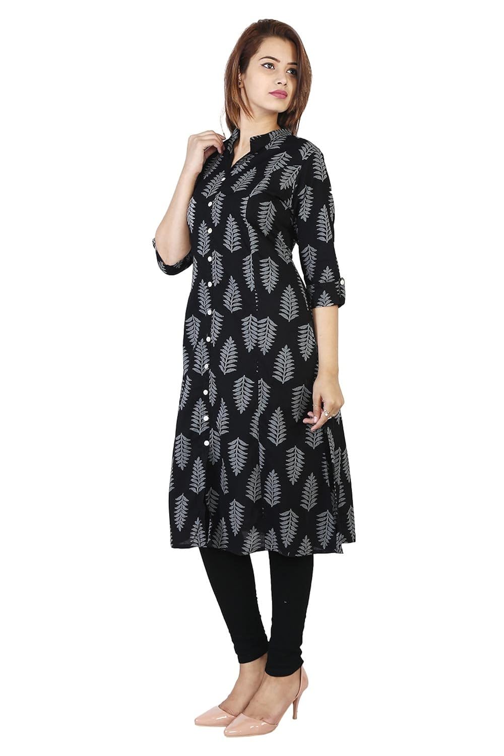bright cotton women's a-line printed kurti (black)