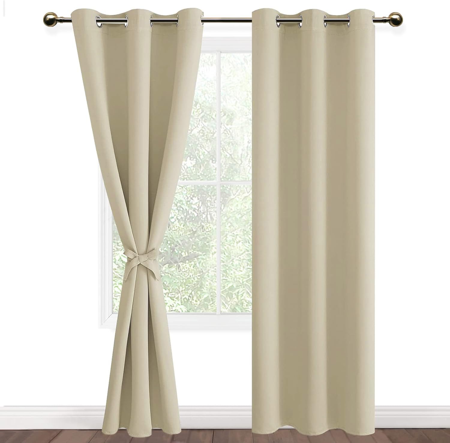 DWCN Light Beige Blackout Curtains with Tiebacks for Bedroom Thermal Insulated Solid Eyelet Curtains for Living Room,2 Panels,46" Wide x 90" Drop
