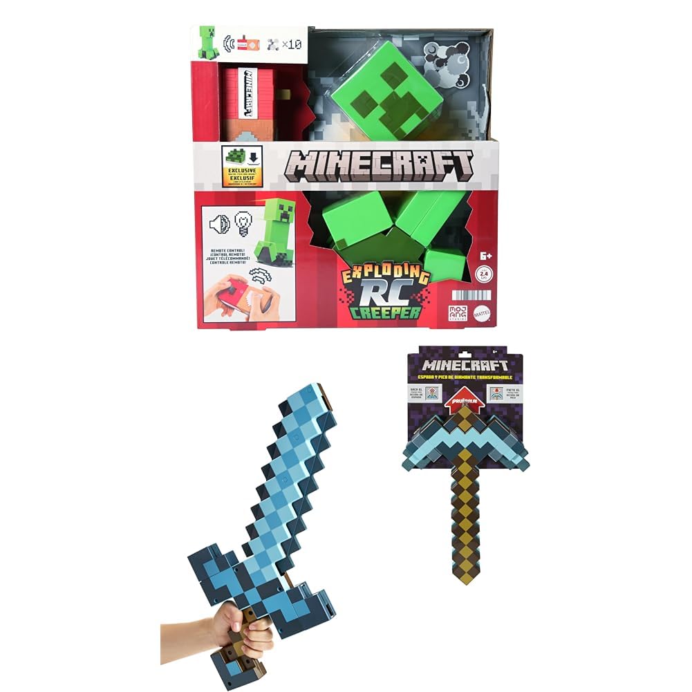 Bundle of Mattel Minecraft Exploding RC Creeper with Lights & Sounds, 10 Explosion Particles & DLC Code + Mattel Minecraft Transforming Diamond Sword & Pick-Axe Kid-Sized 2-in-1 Toy Accessory