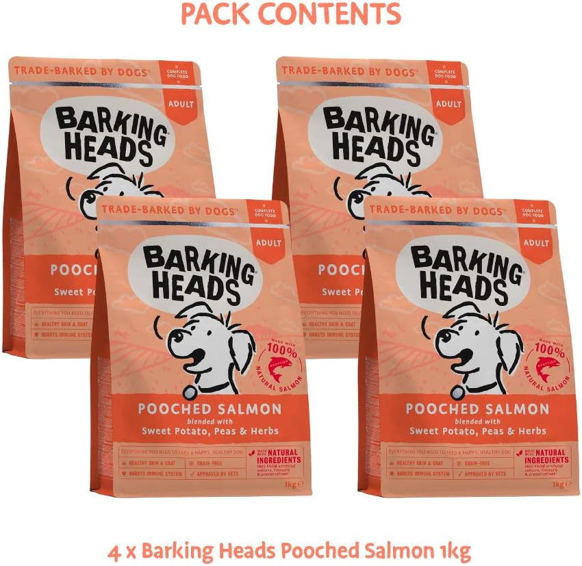 Barking Heads Complete Dry Dog Food 1kg x 4, Adult All Hounder Hair Necessities Salmon