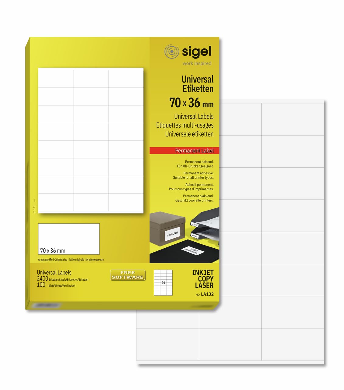 SIGEL LA132 Universal Permanent Labels, White, 7 x 3.6 cm, 2400 lbl equal to 100 sheets, White