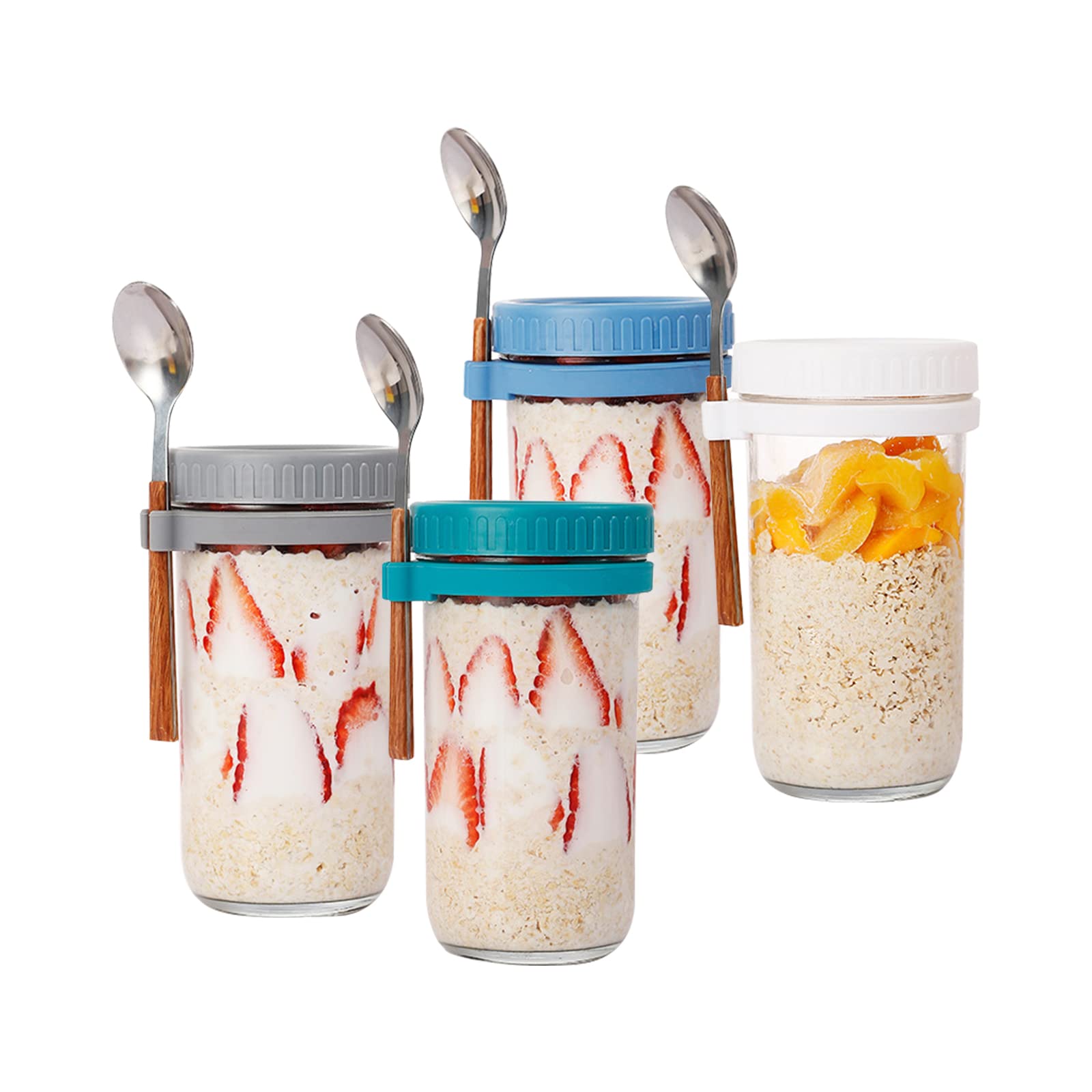 maxant Overnight Oats Jars w/ Lids & Spoon, 4Pcs Reusable Airtight Mason Jars Oatmeal Cup Container, Wide Mouth Breakfast Pots, Glass Yogurt Pots Salads Cereal Milk Porridge Fruit Vegetable (600ml)
