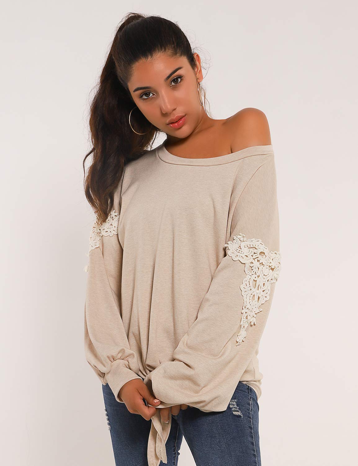 Blooming Jelly Womens Tie Knot Shirts Lantern Sleeve Round Neck Lace Top Blouse(M,Apricot)