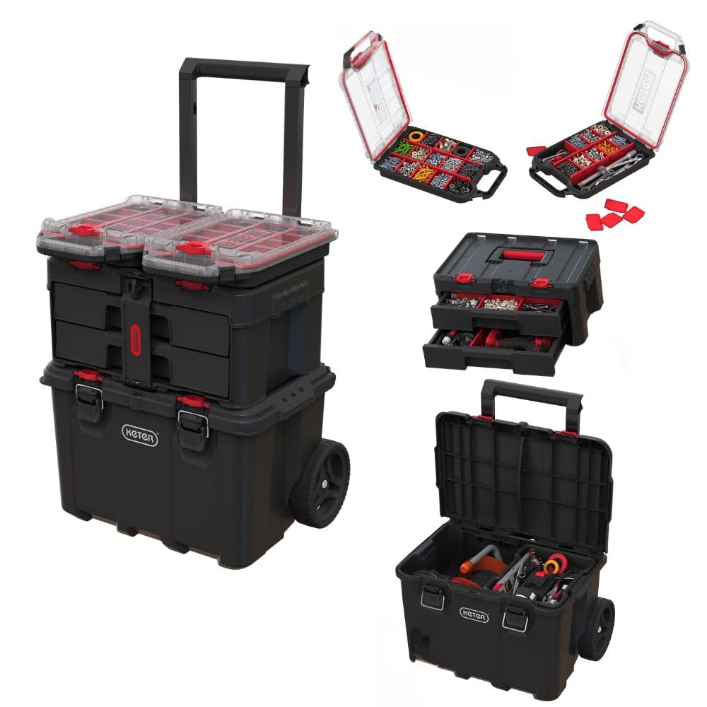 Keter Stack-n-Roll 2.0 Modular Tools Organizer for Garage Storage and DIY, 3 Piece Resin Rolling Tool Box System for Small Parts, Black Image