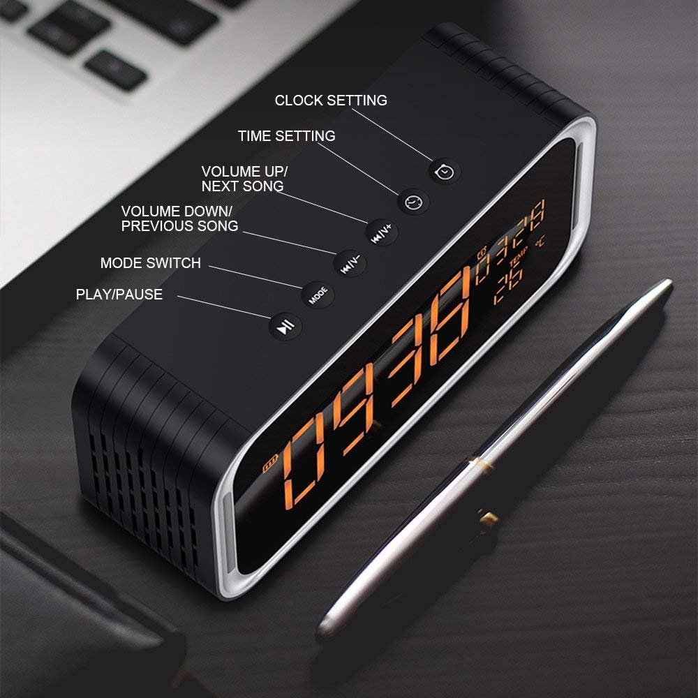 Portable Bluetooth Speaker, XPLUS 4.2 Wireless Bluetooth Speakers with LED Display, Hands-Free Phone Calling, FM Radio,Time,Date,Temperature,Snooze Function Double Alarm Clock (Black)