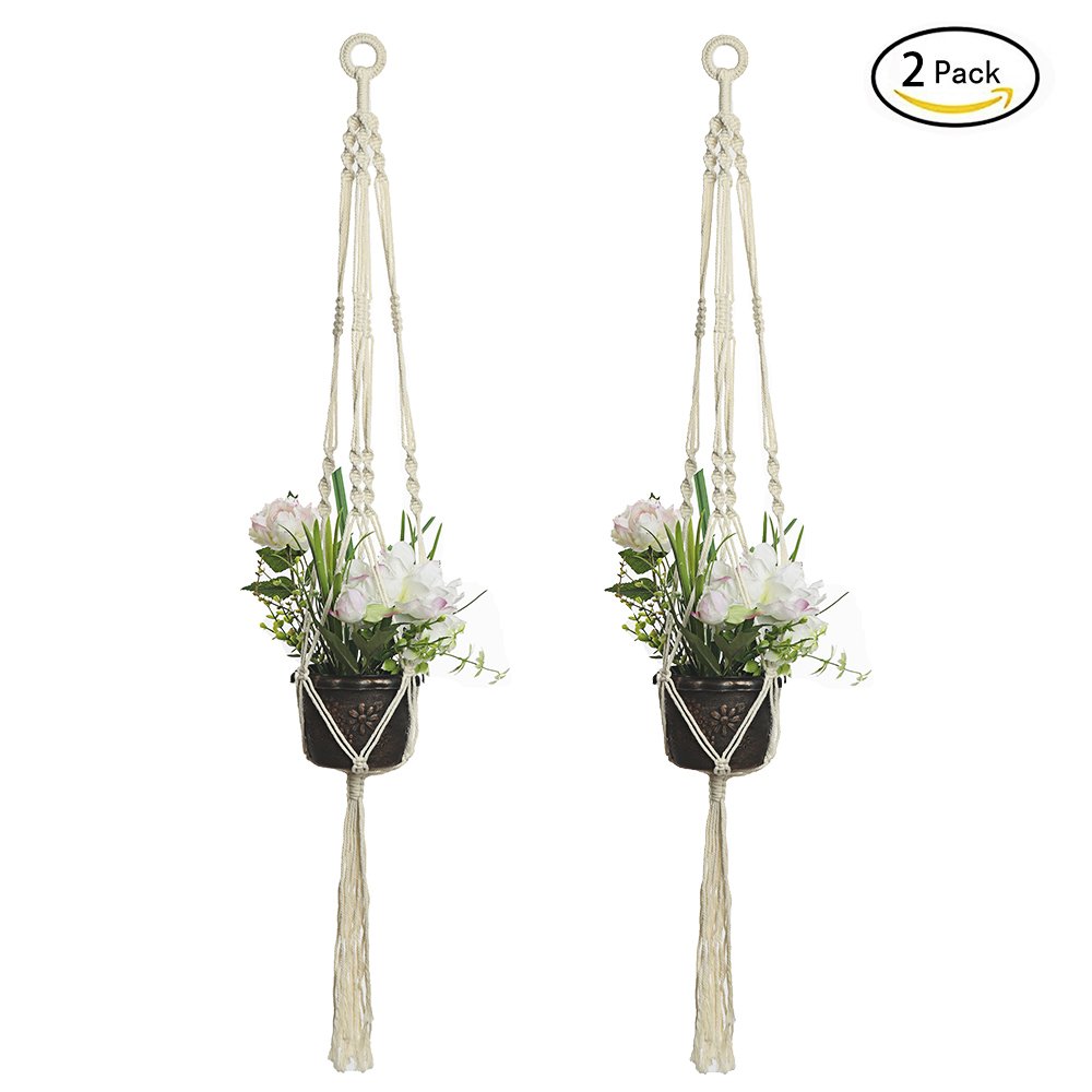 2 piezas de cesta de maceta para interiores y exteriores, colgante, cuerda de algodón, 4 patas de 101,6 cm, hecho a mano para interiores y exteriores, soporte de cuerda para colgar con gancho de techo, blanco