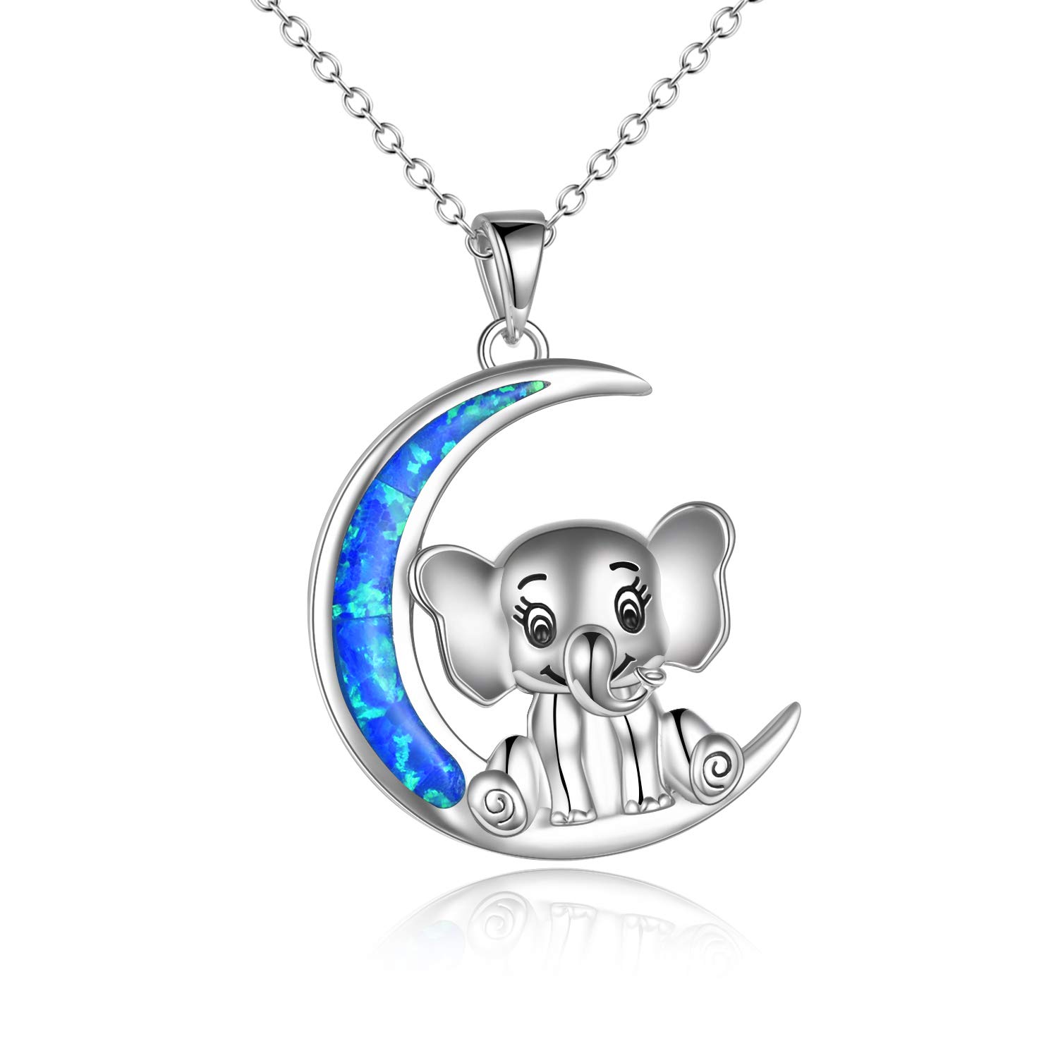 VONALA Elephant Necklace for Girls 925 Sterling Silver Created Opal Moon Cute Eelephant Jewelry Necklace for Teens Girls Birthday Gifts