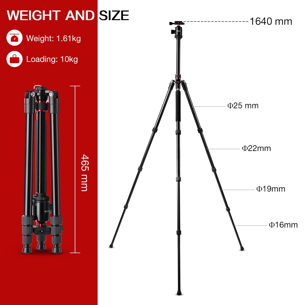 Tycka Trépied Caméra Appareil Photo,Trépied Ultraléger Aluminium 164cm , ,Supporte jusqu\'à 10kg les Caméscopes et Appareils Photo,tête panoramique pivotante (diamètre de 36mm),pour Canon Sony Nikon,avec Sac de Transport, Noir