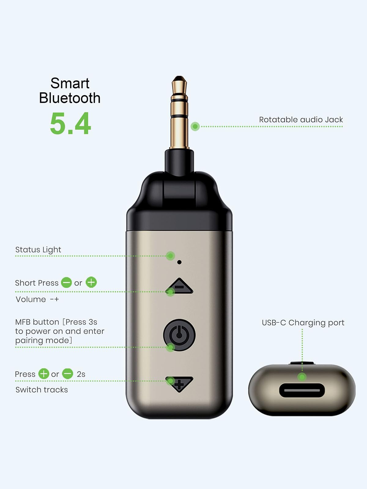 HVMLAK Air88 Aux Bluetooth 5.4 Adapter Auto, Empfänger mit Rotierbarem 3.5 Klinke, für Home Stereo, Musik Streaming, Freisprechanruf, Lautstärke und Spursteuerung, 12 Stunden Batterie 7