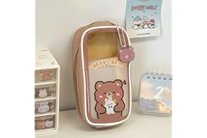 AONUOWE Kawaii Pencil Case Aesthetic Cute Pencil Case for Girls Clear Large Pencil Pouch Kawaii School Supplies for Teen Girls (Brown Bear)