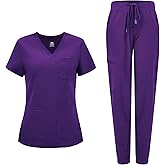 COZYFIT Medical Scrubs for Women Set - Curved V-Neck Scrub Top & Jogger Pants with 8 Pockets