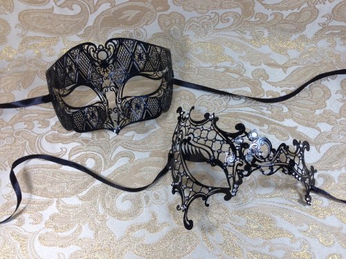 His & Hers Masquerade Couples Venetian Design Masks - 2 Piece Black Colored Set Metal Mask - Perfect Couple Mardi Gras Queen Party Halloween Ball Prom by BK
