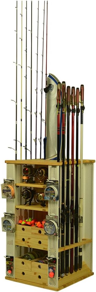GAMIZ Drawyer for Fishing MS450L - Adjustable Fishing Organizer up to 14 Rod Rack and 4 Parts Storage with Rotating Rail - White