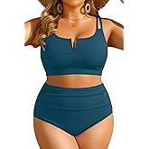 Women Plus Size High Waisted Bikini - Ribbed Two Piece Swimsuit Tummy Control Bathing Suit V-Wired 2025 Swimwear
