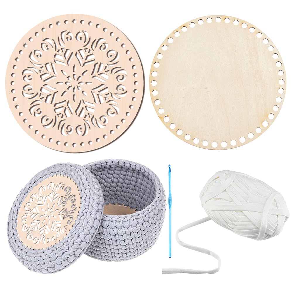 PH PandaHall Crochet Basket Bottom Kit, 2pcs 7.8" Round Natural Wood Knitting Base Blank Hollow Carved 1pc 4mm Aluminum Crochet Hook 1 Roll 40 Yard 9mm White Cloth Yarn for DIY Craft, 6/8.5mm Hole