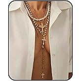 JWIGP Layered Cross Necklace Set for Women – Vintage Gold Pearl Choker, Multi-Strand Chain with Religious Pendant, Trendy Baroque Statement Jewelry, Adjustable Fashion Gift