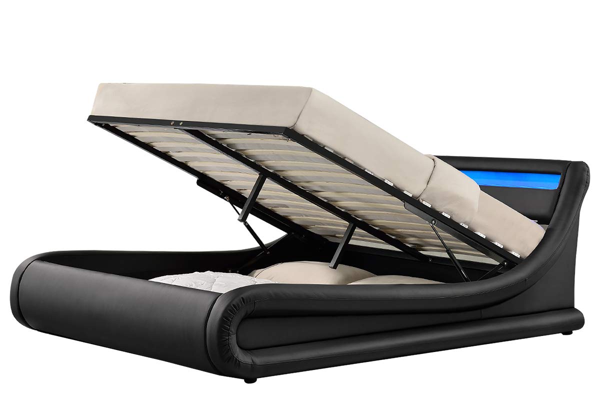 Madrid LED Lights Ottoman Storage Bed Frame Black Faux Leather / Silver Crushed Velvet Fabric Madrid LED Lights Ottoman Storage Bed Frame Black Faux Leather / Silver Crushed Velvet Fabric