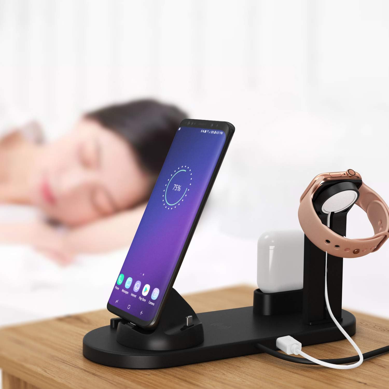 [Newest 2020] Wireless Charger 4 in 1 Charging Station - Upgraded Fast Wireless Charging Stand Compatible with Phone XI/XI pro/X/XS/XR/Xs Max/8/8 Plus, Smart Watches, Pods and Android Devices (Black)