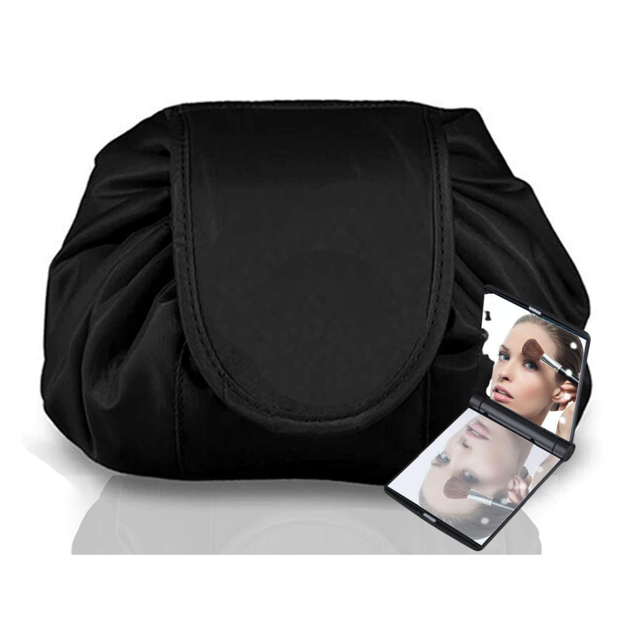 Drawstring Makeup Bag GLAMZA ‘Lazy’ Cosmetics Makeup Pouch Storage Organiser for Women & Girls (Black) - From Flat Makeup Bag to Structured Travel Makeup Bag in Seconds PLUS LED Compact Mirror