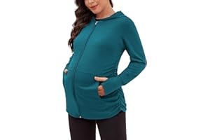 DEBELLY Maternity Sweatshirts Long Sleeve Full Zip Hoodie Casual Pregnancy Women Jacket Top with Pockets,Thumb Hole,Side Ruch