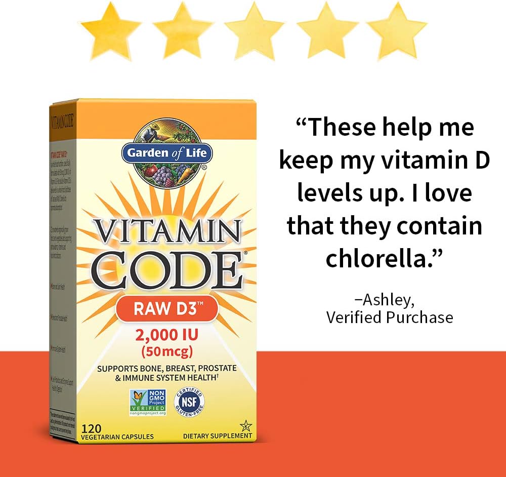 Garden of Life Vitamin D, Vitamin Code Raw D3, Vitamin D 2,000 IU, Raw Whole Food Vitamin D Supplements with Chlorella, Fruit, Veggies & Probiotics for Bone & Immune Health, 120 Vegetarian Capsules: Health & Personal Care